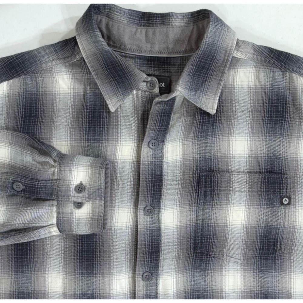 Marmot Mens Shadow Plaid Flannel Button Down Shirt XL Gray Black Outdoor